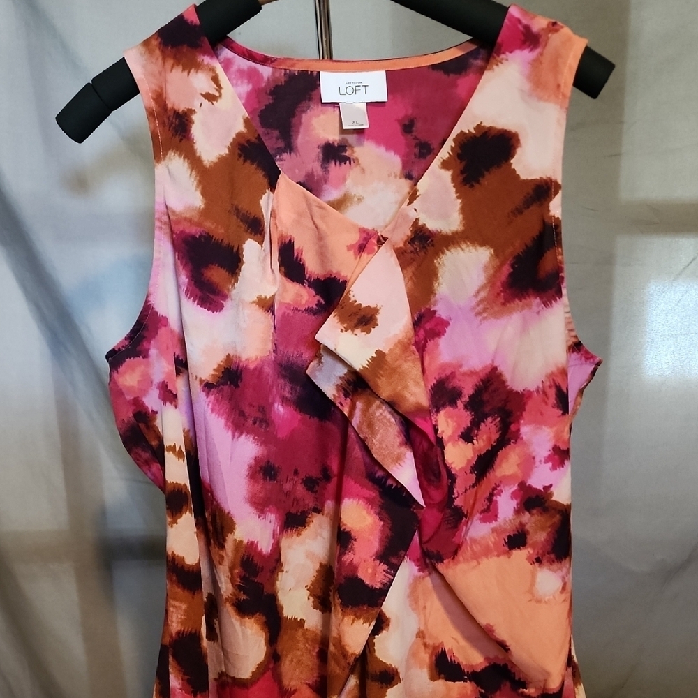 LOFT Pink and Red Asymmetrical Ruffled Sleeveless Blouse